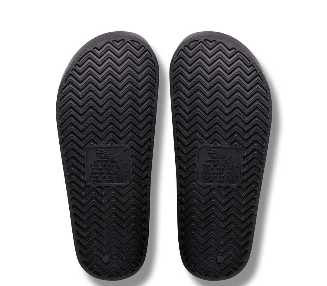 Archies Arch Support slides in black pictured upside down from the bottom