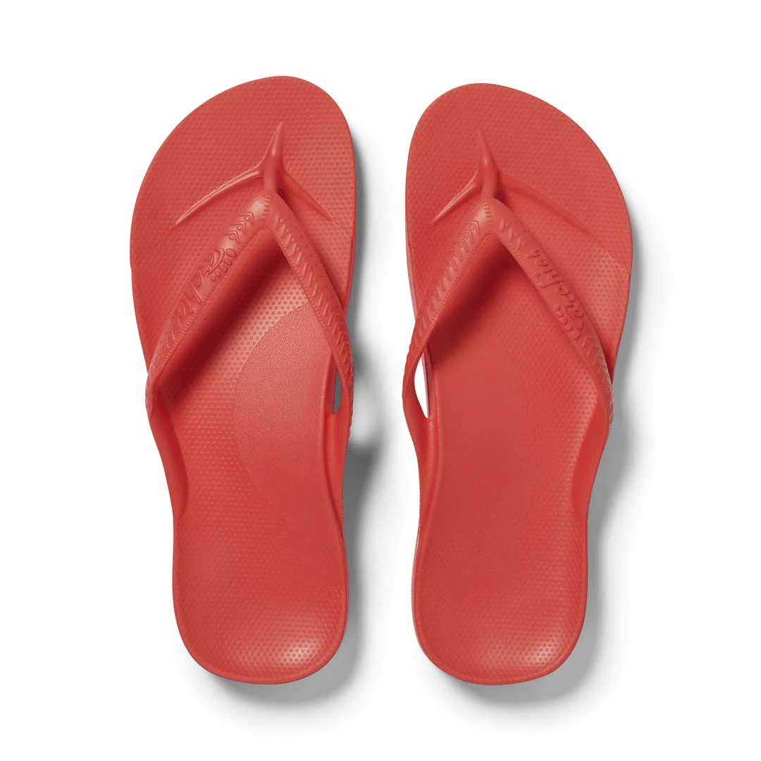 Archies arch support thongs in coral shown from above